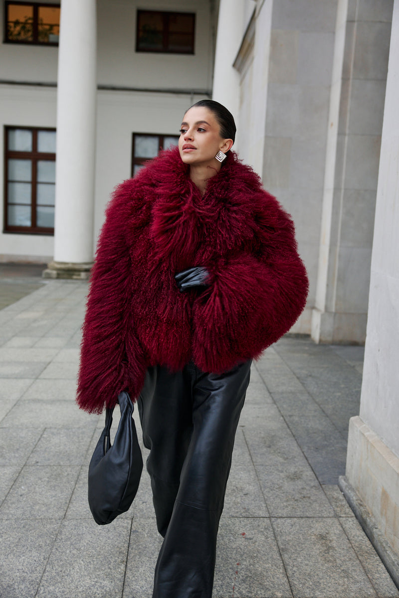 Kożuch lama z kołnierzem / burgund