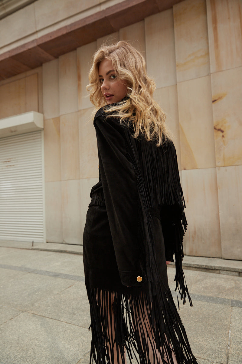 Bomberka z frędzlami Rita / czarny zamsz