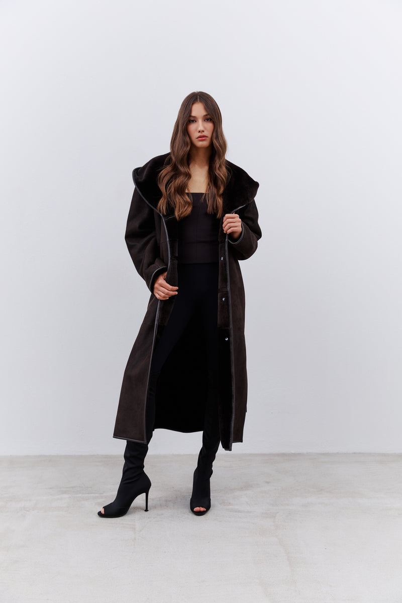 Kożuch z kapturem Gabriel / brąz