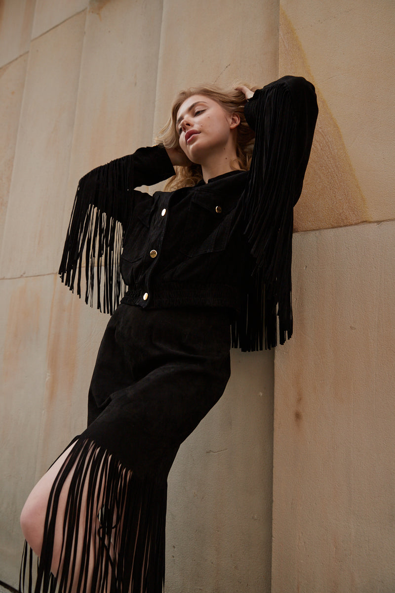 Spódnica z frędzlami / czarny zamsz