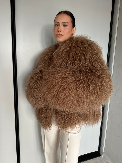 Kożuch lama z kołnierzem / beż